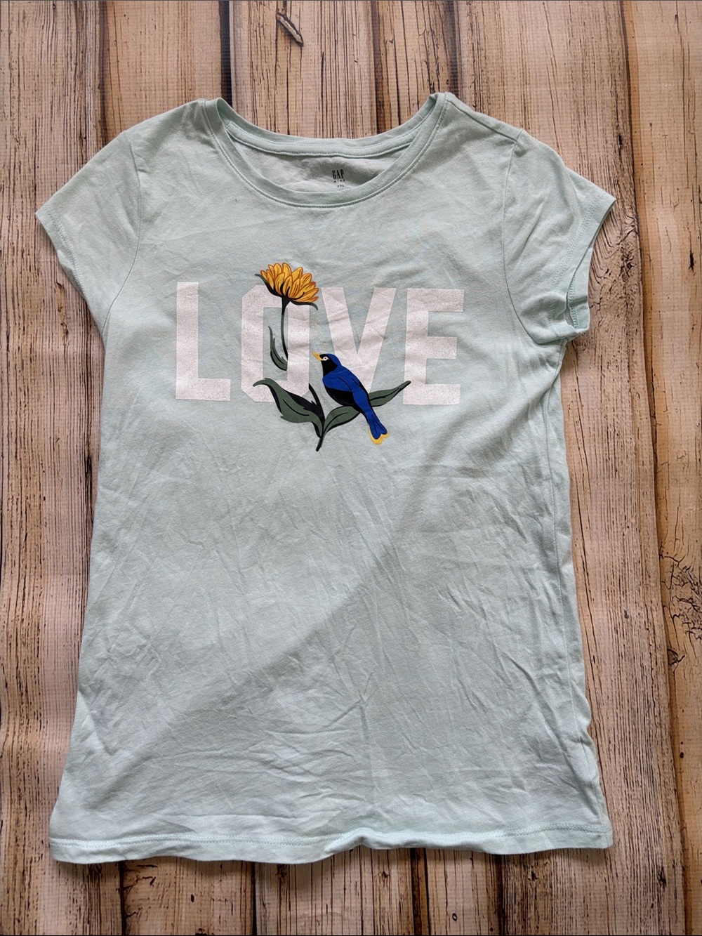 GAP Light Aqua Tee with White LOVE, Yellow Flower & Blue Bird